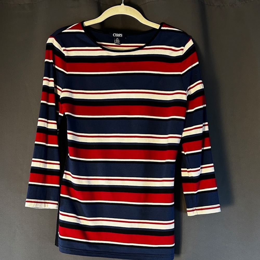 Chaps Striped Knit Top Women Small Red Blue White Excellent 3/4 Sleeve Boat Neck